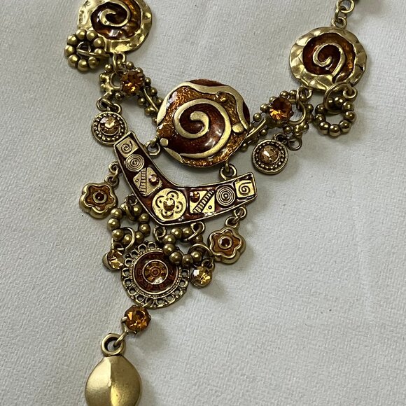 Art Deco-styled Brown/Gold Tone Fashion Costume Necklace & Earring Set - Picture 4 of 9